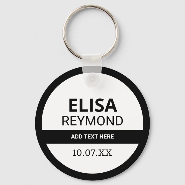 Chaveiro titular da chave com nome e data em preto-e-branco (Frente)