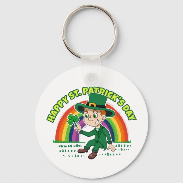 Chaveiro Toon leprechaun bonito com shamrock e arco-íris (Frente)