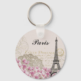Chaveiro Torre Eiffel de Paris Flores Rosa-Rosa Vintage