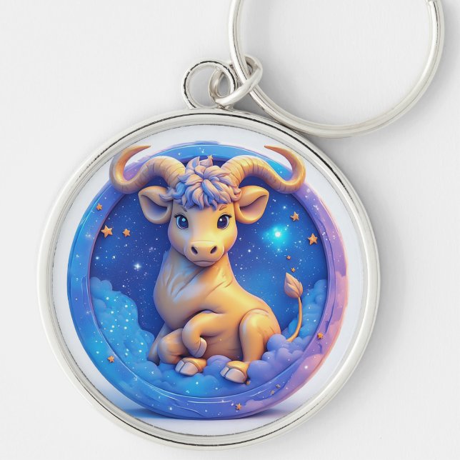 Chaveiro Touro Dourado Fofo em Círculo Cósmico (Frente)