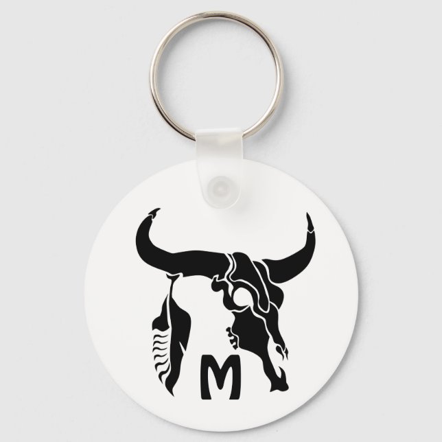 Chaveiro Touro Longhorn Tribal com pena preta (Frente)