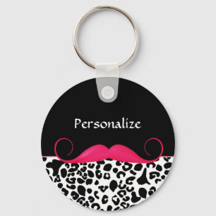 Chaveiro Trendy Pink Mustache Girly Leopard Imprime Com Nom