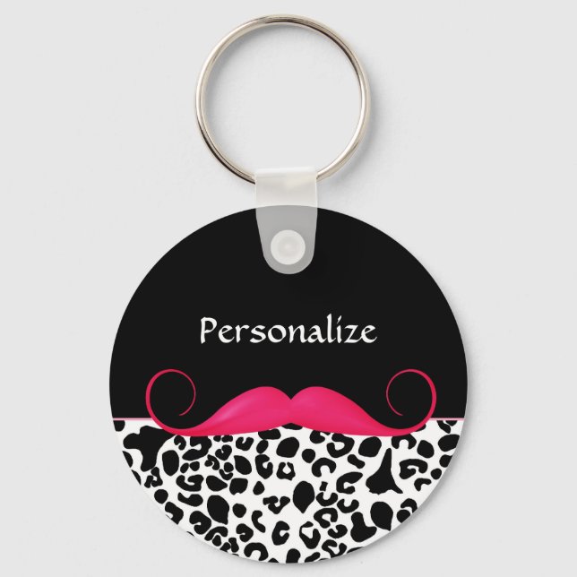 Chaveiro Trendy Pink Mustache Girly Leopard Imprime Com Nom (Frente)