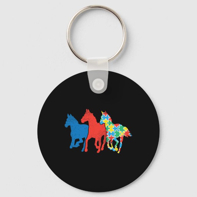 Chaveiro Três Cavalos Quebra-cabeça Vermelho Azul Autismo C (Frente)