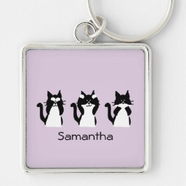 Chaveiro Três Gatinhos Sábios Preto Branco Roxo Personaliza