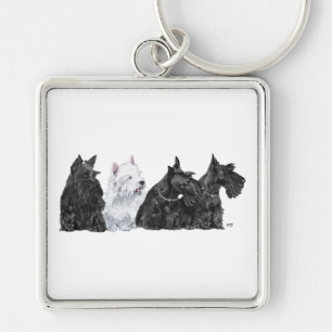 Chaveiro Três Scotties Curiosos e um Westie