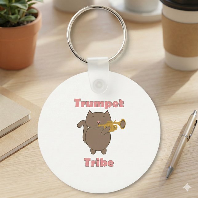 Chaveiro Tribo da Trombeta Gato Rosa (A keychain featuring a brown cat and the text trumpet tribe in pink.)