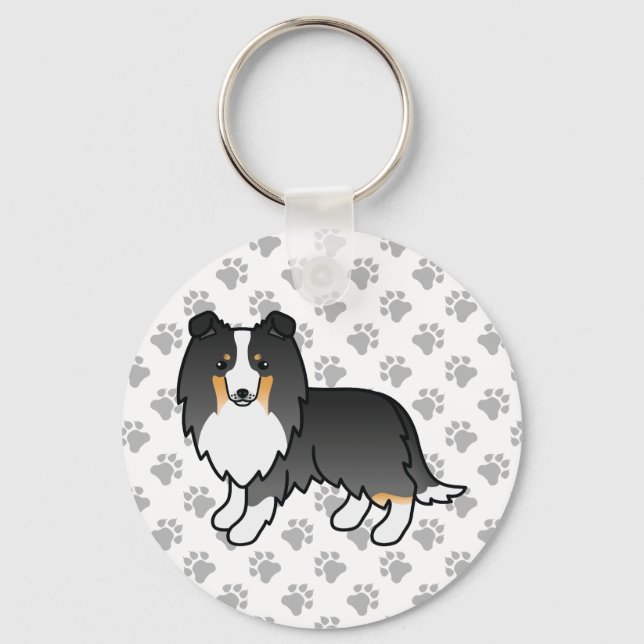 Chaveiro Tricolor Shetland Sheepdog Cartoon Dog & Paws (Frente)