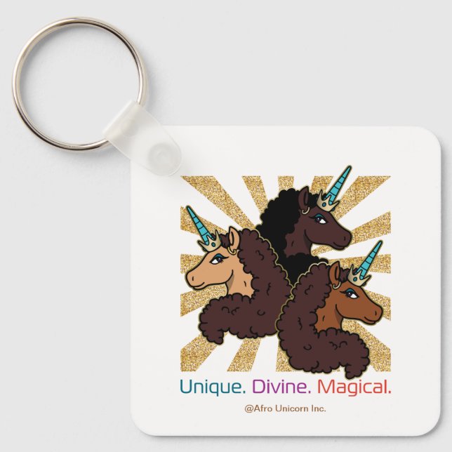 Chaveiro Trio Afro Unicorn: Único, Divino e Mágico (Frente)