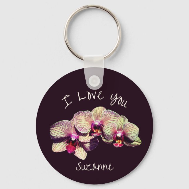 Chaveiro Trio de Flores de Orquídea Personalizado Eu Te Amo (Frente)