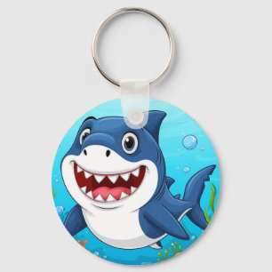 Chaveiro Tubarão de desenho animado sorrindo nadando embaix