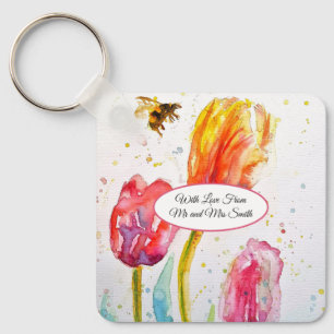 Chaveiro Tulipa Vermelha Rosa e Pintura de Aquarela de Abel