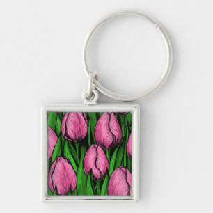 Chaveiro Tulipas cor-de-rosa com folhas verdes