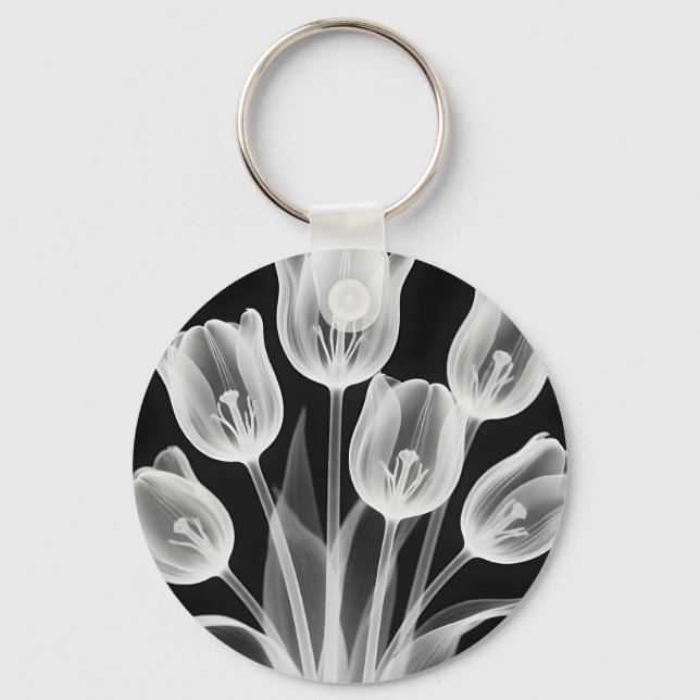 Chaveiro Tulipas Pretas e Brancas Elegantes Monocromáticas (Frente)