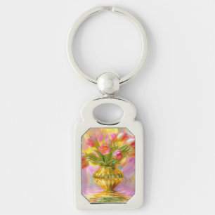 Chaveiro Tulipas Rosa Vibrantes em Vase Ouro