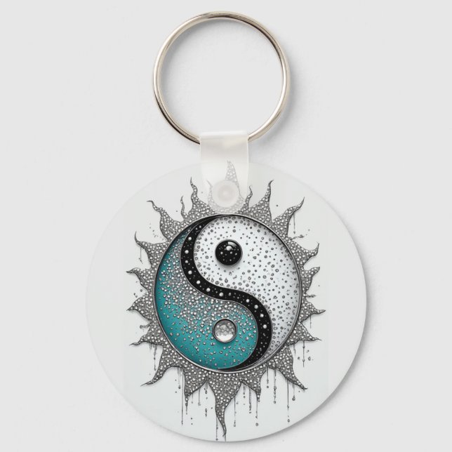Chaveiro Turquesa Branco Yin Yang Com Detalhes Radiantes (Frente)