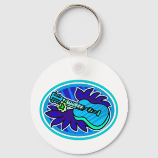 Chaveiro Ukulele com folhas e círculo de flores, azul