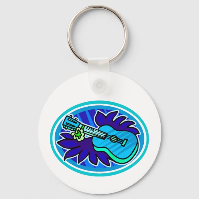 Chaveiro Ukulele com folhas e círculo de flores, azul (Frente)