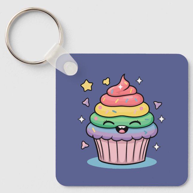 Chaveiro Um cupcake Kawaii gigante com glacé arco-íris e (Frente)