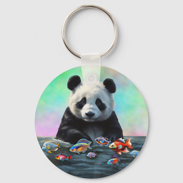 Chaveiro Um panda olha curiosamente para peixes coloridos n (Frente)