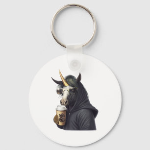 Chaveiro Um unicórnio com capuz bebe um café.