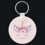 Chaveiro Unicorn floral watercolor aniversário<br><div class="desc">O divertido Unicórnio encara o convite para festa de aniversário de fotografia floral de aquarela. Estique a sua festa com estilo com este estilo mágico de vassoura com elementos florais e de flecha.</div>