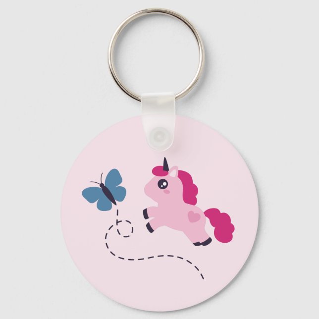 Chaveiro Unicórnio Cor-de-Rosa Bonito com Borboleta (Frente)