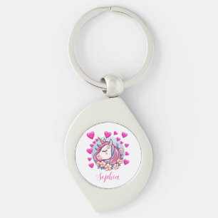 Chaveiro Unicórnio Fofo, Corações e Flores Cor-de-Rosa, Nom