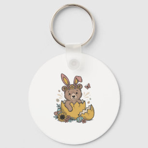 Chaveiro Urso de Páscoa Fofo em Ovo Quebrado Vetor Vintage_