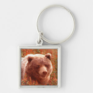 Chaveiro Urso Grizzly na Pintura de Arte Selvagem com Algas