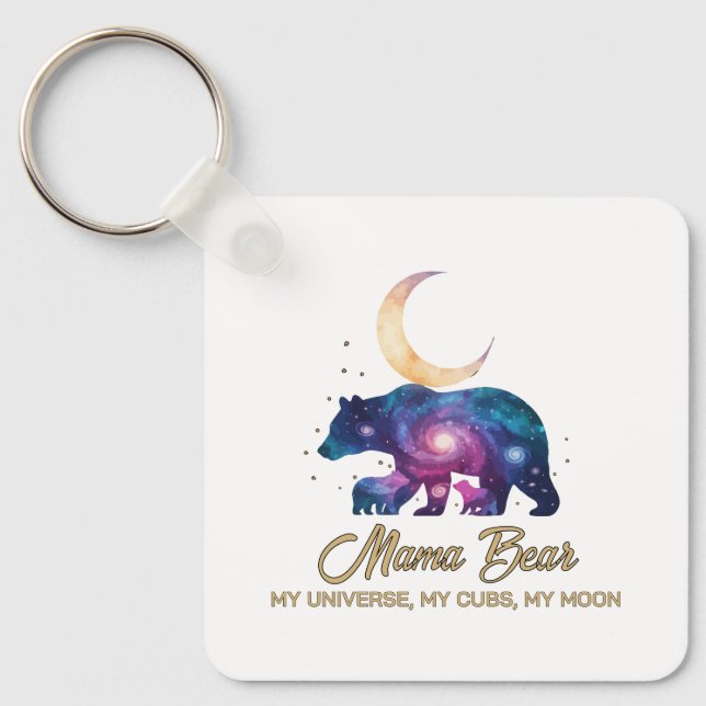 Chaveiro Urso Mamãe Galáxia & Silhueta da Lua dos Filhotes (Frente)