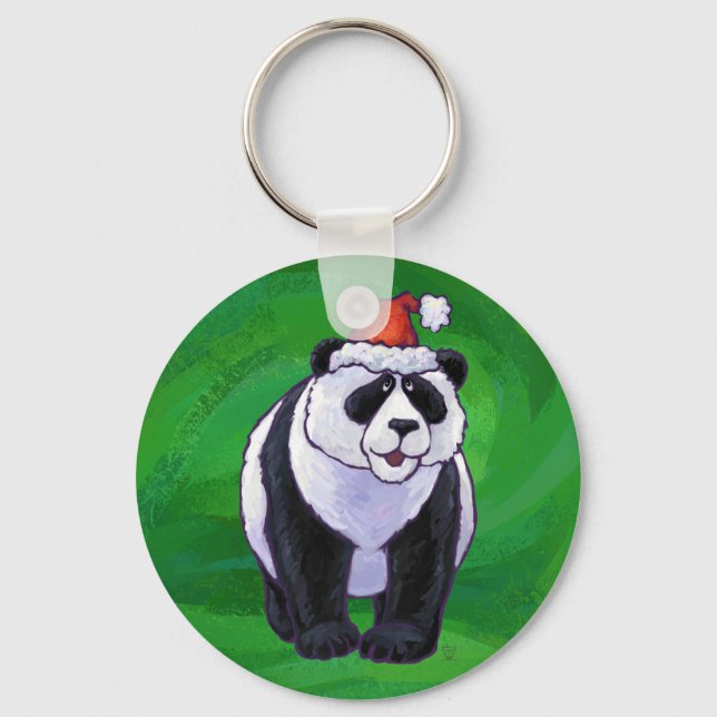 Chaveiro Urso Panda Fofo de Chapéu de Papai Noel no Verde (Frente)