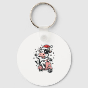 Chaveiro Vaca de Natal Andando de Scooter Rosa Vetor Vintag