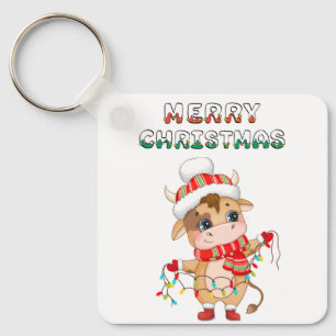 Chaveiro Vaca de Natal bonita vestindo roupa de inverno