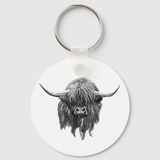 Chaveiro Vaca Do Planalto Escocês A Preto E Branco (Frente)