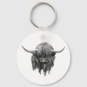 Chaveiro Vaca escocesa das montanhas em preto e branco