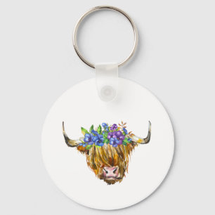 Chaveiro Vaca Escocesa Highland com Flores Aquarela
