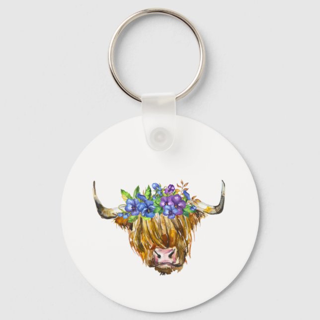 Chaveiro Vaca Escocesa Highland com Flores Aquarela (Frente)