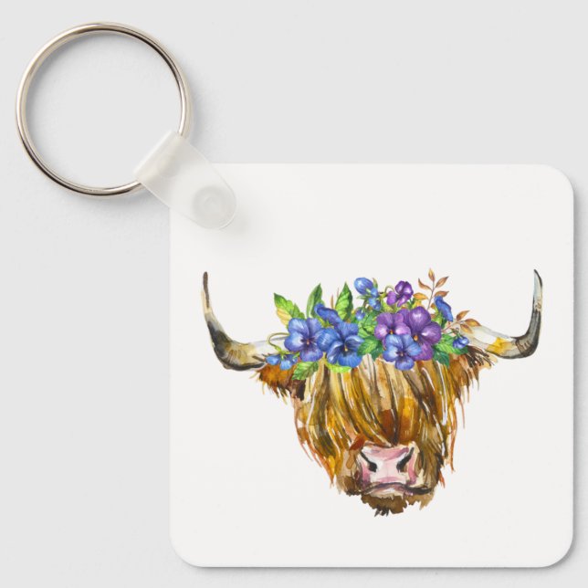 Chaveiro Vaca Escocesa Highland com Flores Aquarela (Frente)