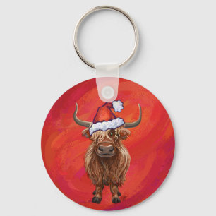 Chaveiro Vaca Highland em Santa Hat em Vermelho