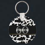 Chaveiro Vaca Personalizada Mancha Impressão<br><div class="desc">A pele de vaca branca e negra personalizada,  clássica e moderna,  mostra textura design festa de aniversário ano e presente de nome. Impressão animal em manchas de vaca</div>