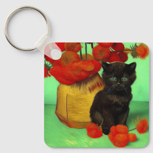 Chaveiro Van Gogh Black Kitten Red Flowers