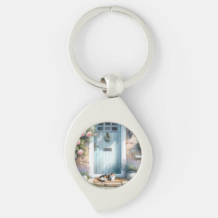 Chaveiro Varanda Floral Cottagecore com Gato Calico