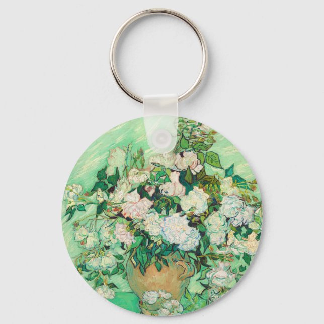 Chaveiro Vaso com Rosas Cor-de-Rosa de Vincent Van Gogh Art (Frente)