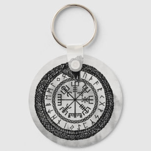 Chaveiro Vegvisir com Ouroboros e runes - grayscale