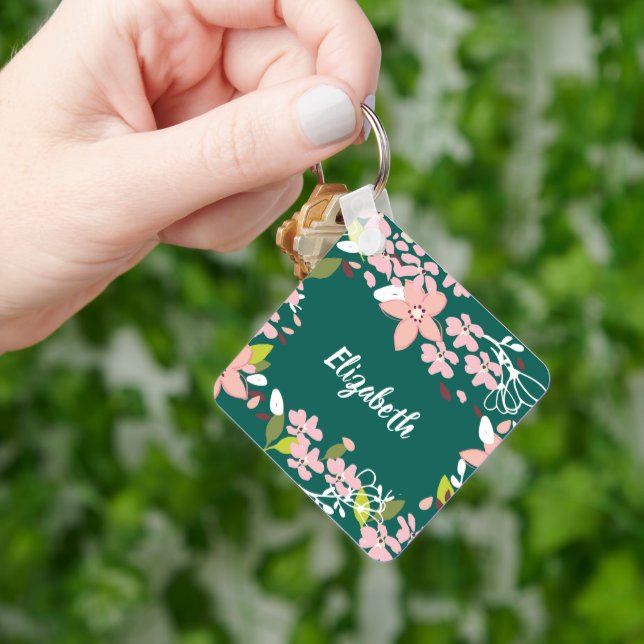 Chaveiro Verde com Flores Rosa Personalizadas (Mão)