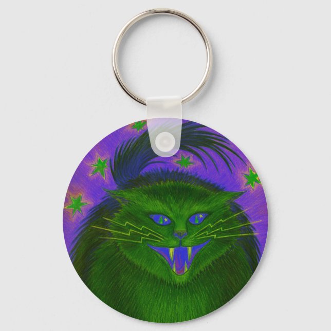 Chaveiro Verde de Gato Assustador (Frente)