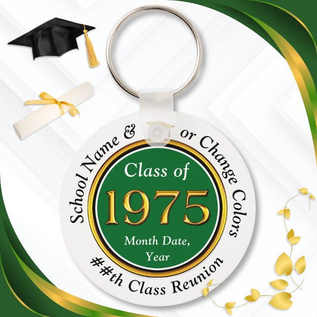 Chaveiro Verde e Branco, Classe 75 Reunião, Favoritos para  (Class of '75. 50th class reunion gift ideas. Cheap, Class of 1975, Class Reunion Keychains. 1975)