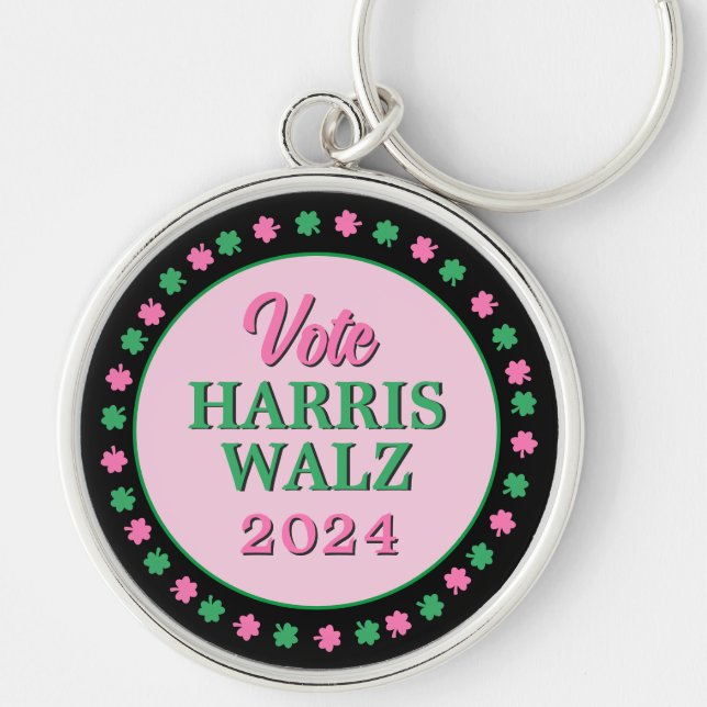 Chaveiro Vestido Verde Rosa 2024 Vote Harris Walz (Frente)