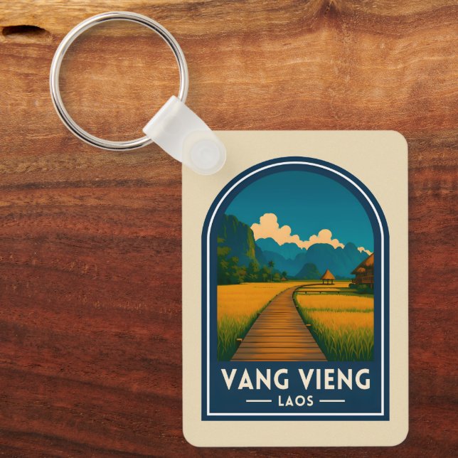 Chaveiro Viagem Antiga Vang Vieng Laos Cenário Retro (Frente)